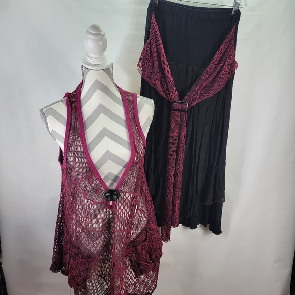 Lily Other - Lily 2 Piece Skirt and Crochet Vest Black Pink Skirt S L/Vest S XL Mixed Media